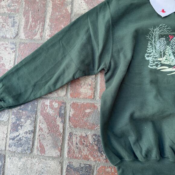 Vintage Morning Sun Green Sweatshirt Collared Christmas Trees Cozy Holiday - Picture 3 of 8